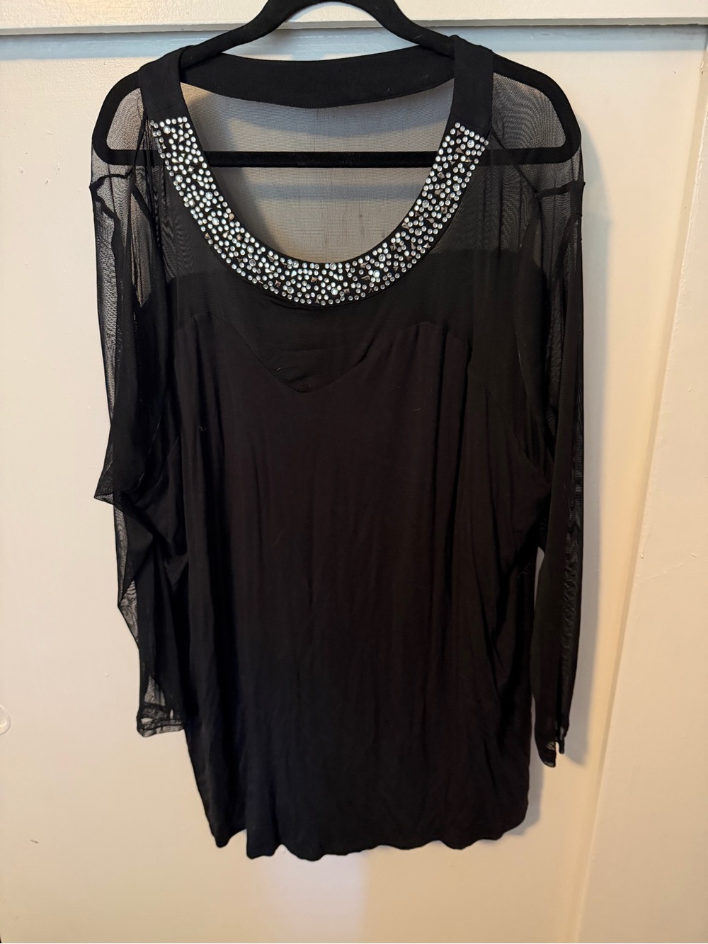 Roaman's Black Sheer-Sleeve Top with Crystal Collar